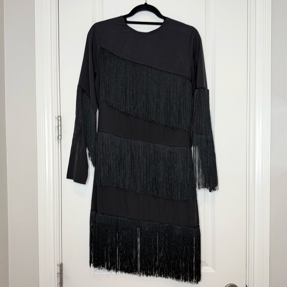 Topshop Black Long Sleeve Fringe Dress Womens size 8 Mobwife Cowgirl edgy - Picture 2 of 13